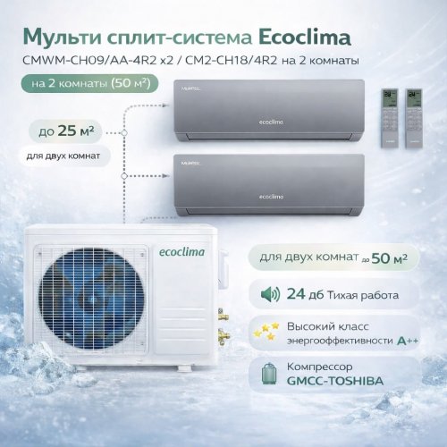 Мульти сплит-система Ecoclima CMWM-CH09/AAS-4R2 x2 / CM2-CH18/4R2 на 2 комнаты (50 м²)